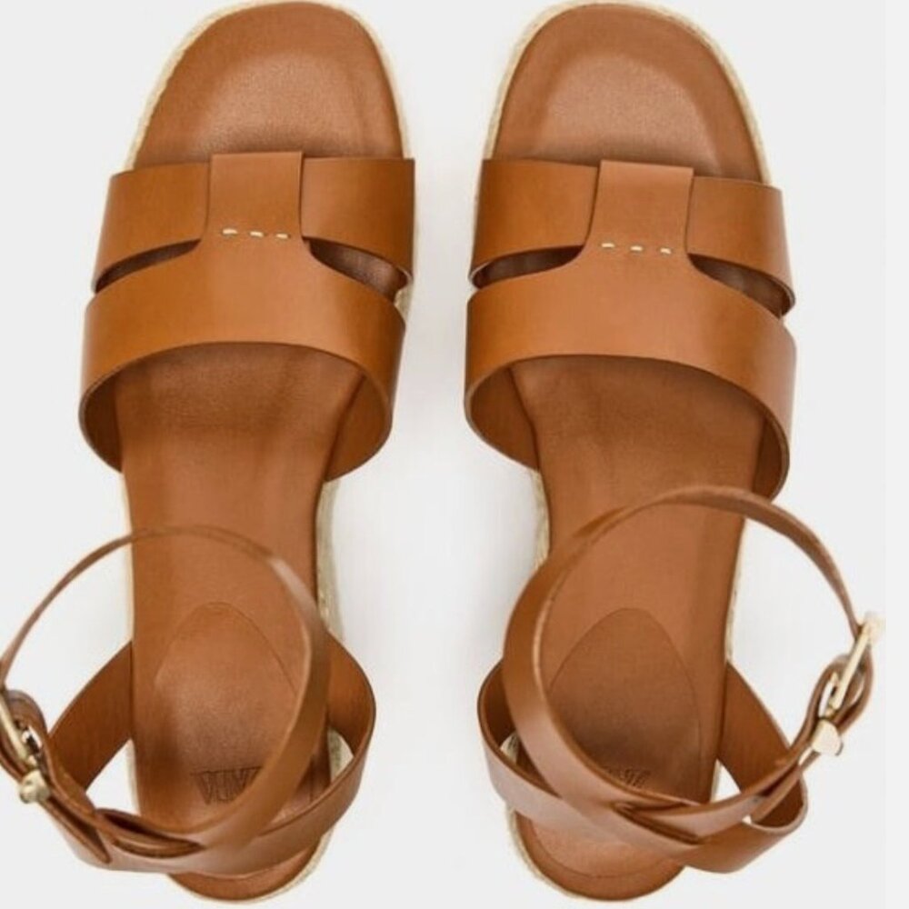 Zara Tan Leather Hessian Wedge Sandals Size 41 - Picture 3 of 11